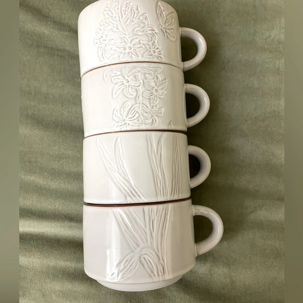 Pier 1 Imports White Floral Butterflies Stacking Mug 8oz Set of 4. UBM